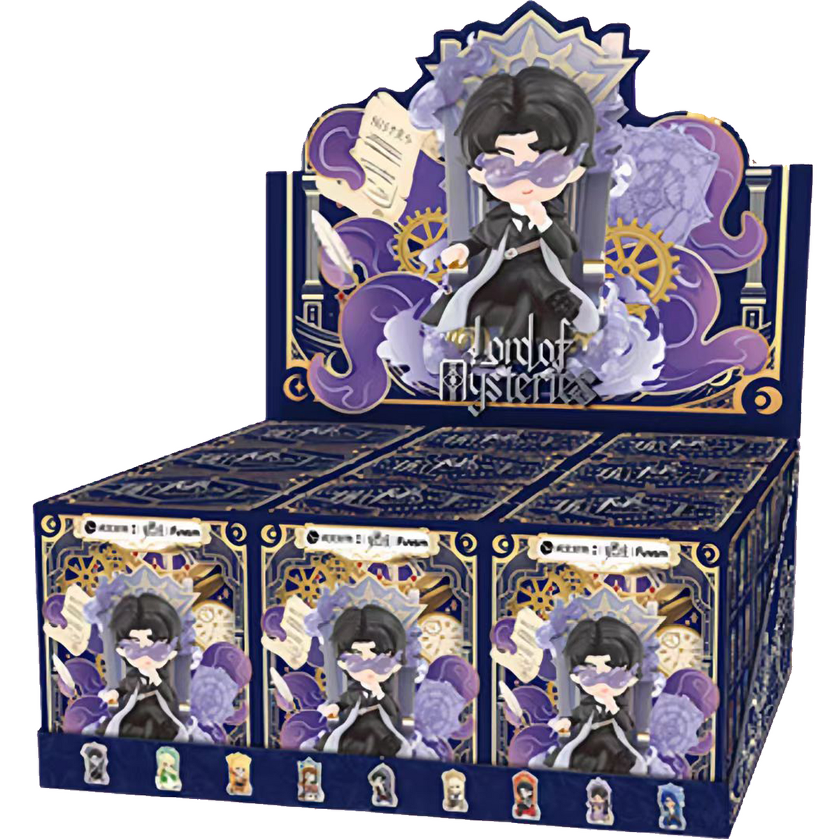 A display box of Lord of Mystics character blind boxes, featuring a dark blue and purple color scheme with gothic illustrations of a character with black hair and a purple eye patch.