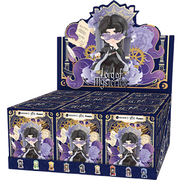 A display box of Lord of Mystics character blind boxes, featuring a dark blue and purple color scheme with gothic illustrations of a character with black hair and a purple eye patch.